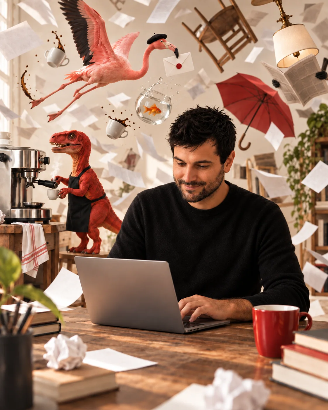 Diego escribiendo una newsletter mientras ocurre un caos surrealista